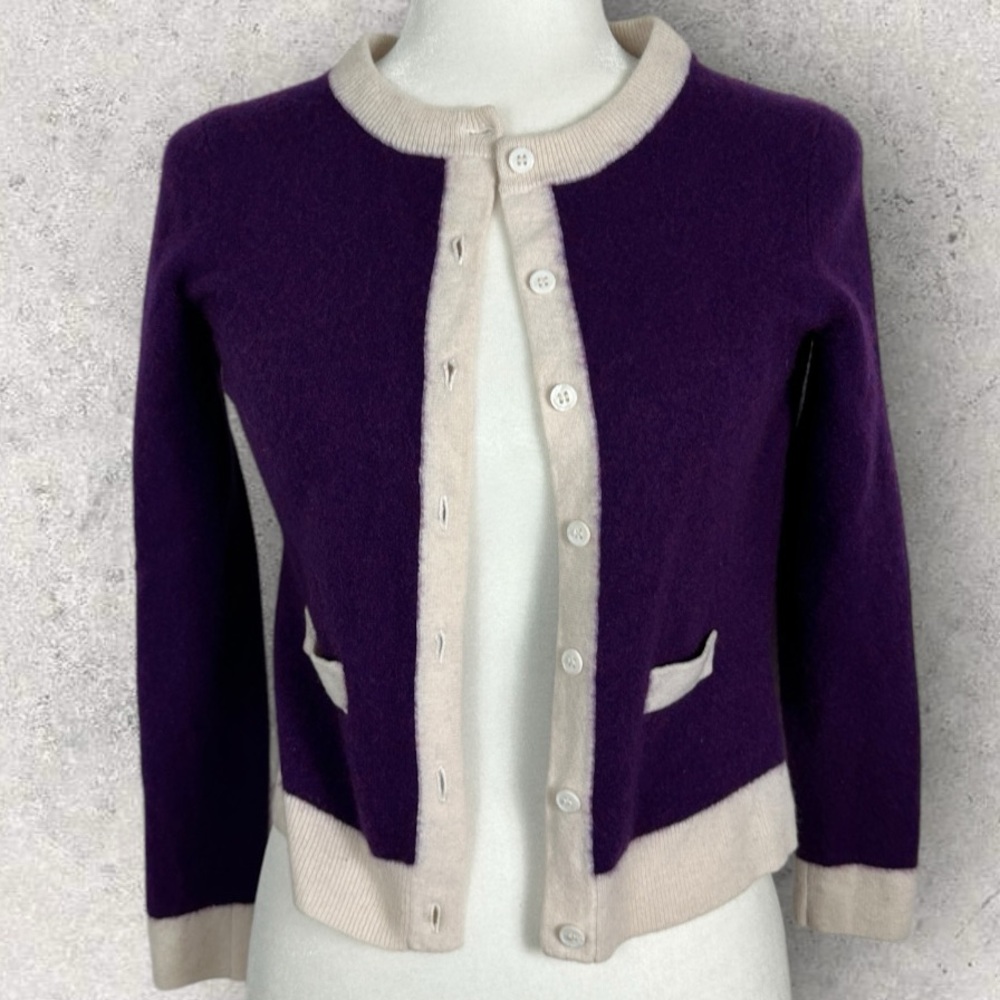 Casimira 100% Cashmere Purple White Cardigan Knit Sweater Womens Size 6 Preppy‎
